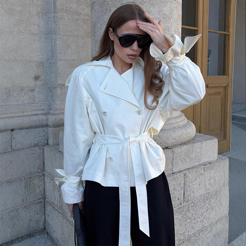 Women’s cropped double-breasted trench coat with waist belt, voluminous sleeves, and knot cuffs Chichicherry