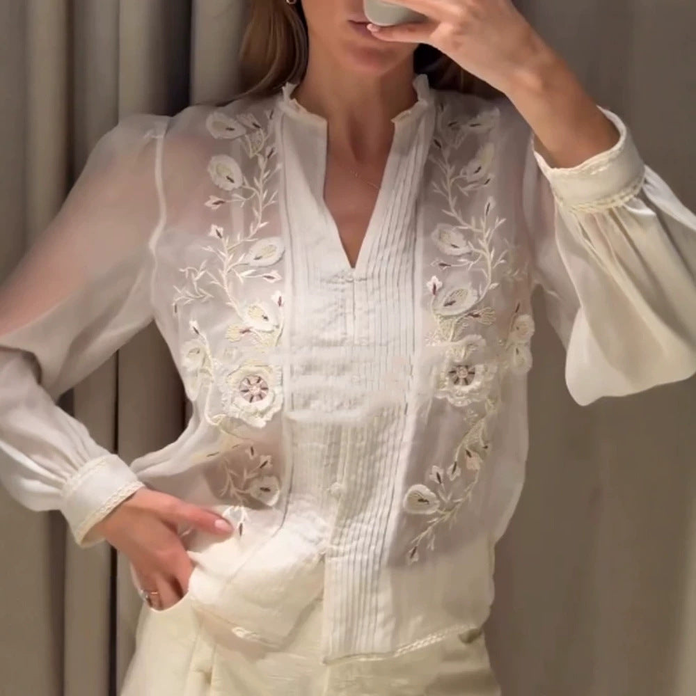 Ladies Transparent Embroidered Chiffon Blouse with Pintucks, V-Neck and Balloon Sleeves Chichicherry