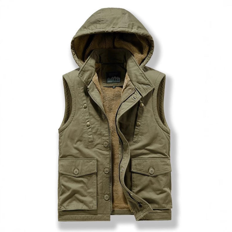 Men's Utility Vest with Hood, Teddy Lining and Multi-Function Pockets Chichicherry