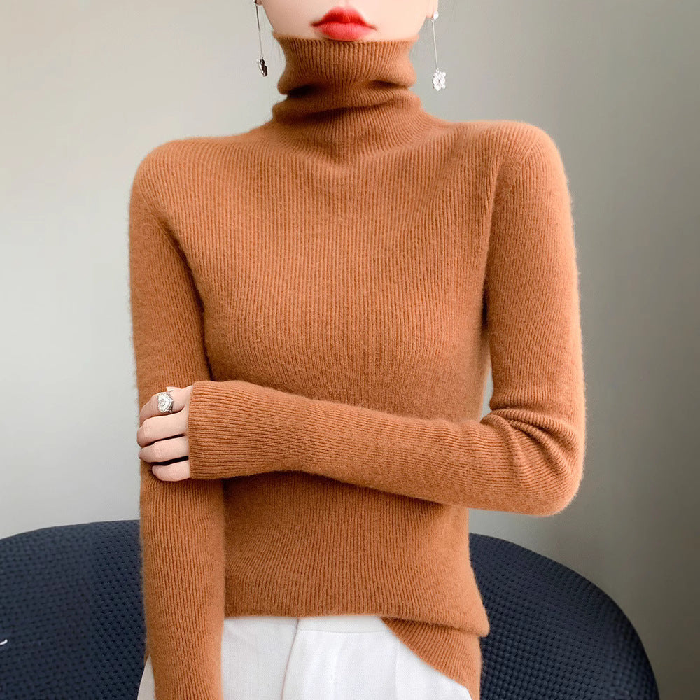 Women's Slim Roll Neck Sweater in Cashmere Blend with Extra Long Sleeve Cuff Chichicherry