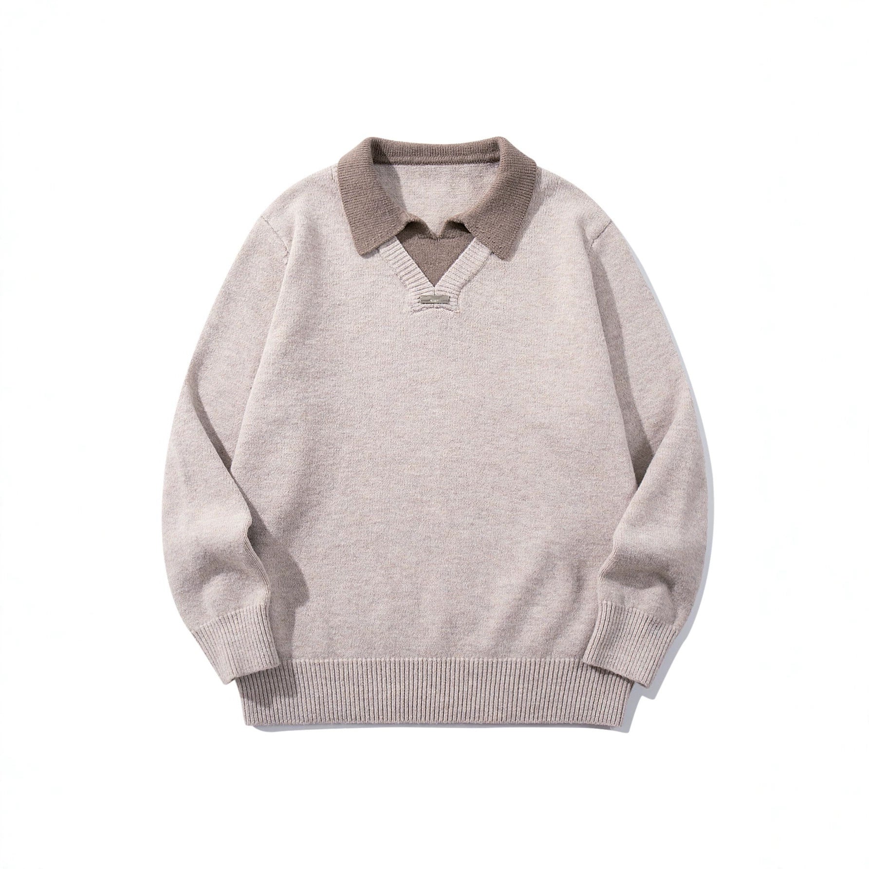 Men's Boxy Knit Sweater with Polo Collar and V-Inset Chichicherry