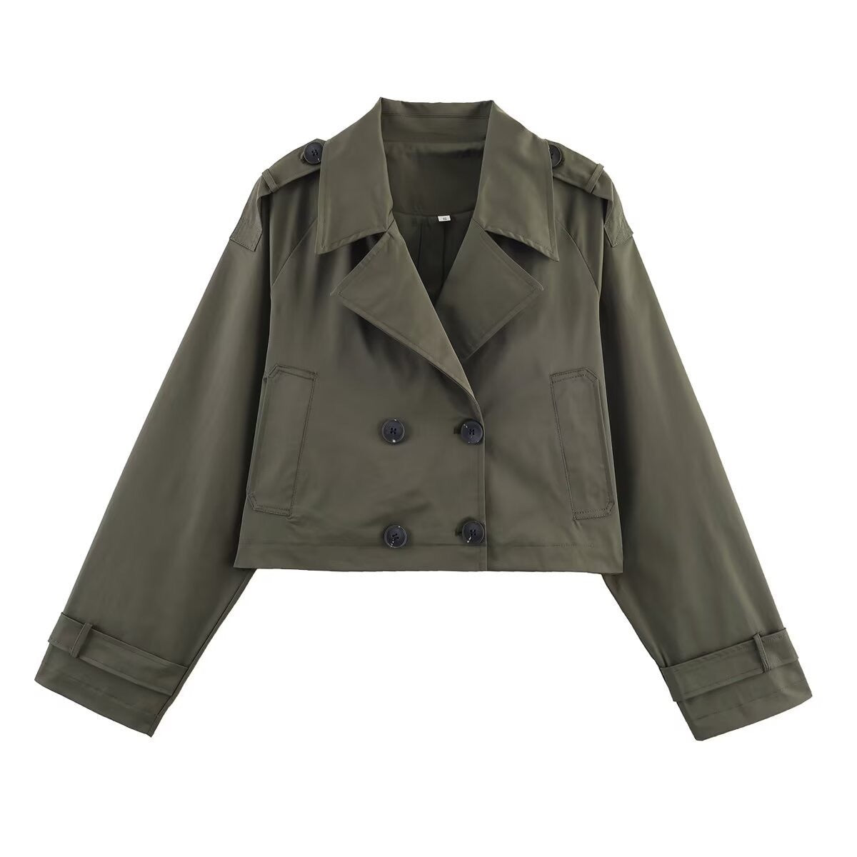 Women's Cropped Double-Breasted Trench Coat with Wide Lapels, Epaulettes and Boxy Cut Chichicherry