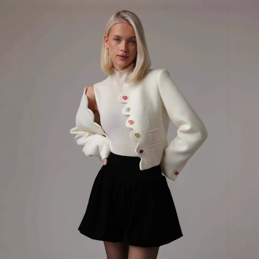 Women's Tailored Boucle Short Blazer with Curved Button Placket and Heart Buttons Chichicherry