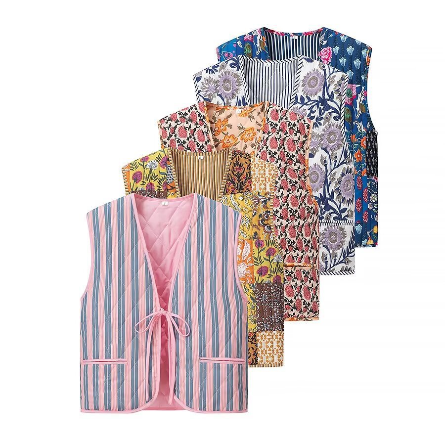 Women Padded Quilted Vest with Floral Allover Look and Tie Band Chichicherry