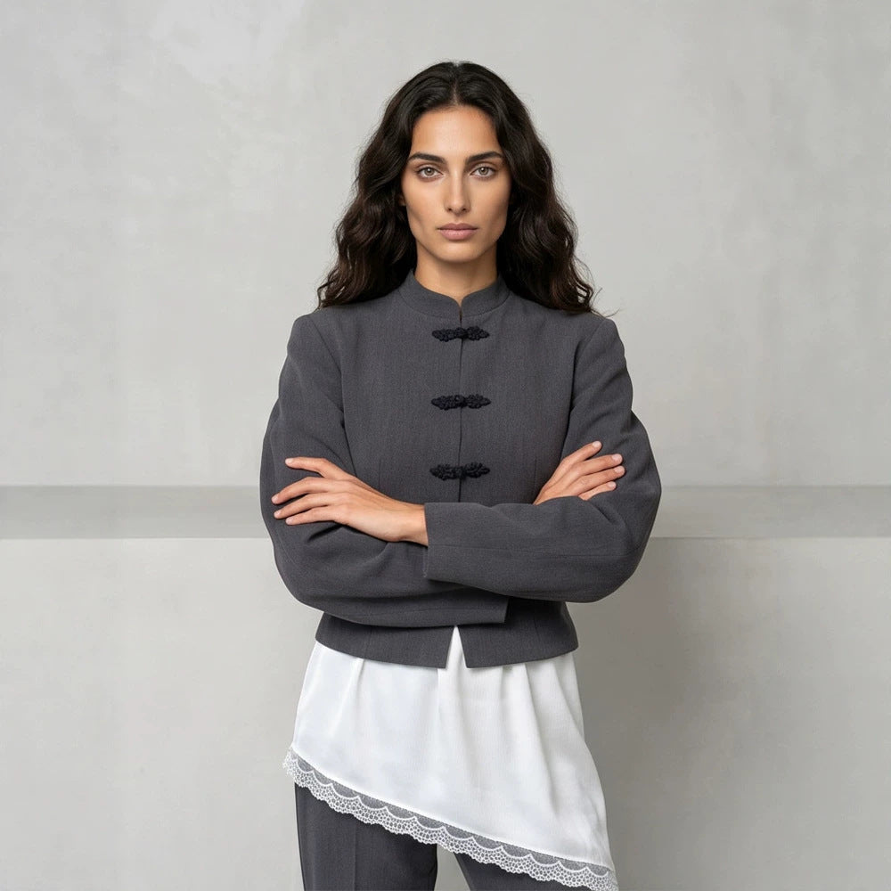 Women's Tailored Cropped Blazer with Mandarin Collar and Decorative Knot Closure Chichicherry