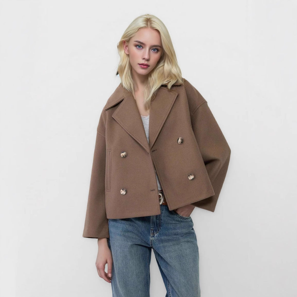 Women's Short Double-Breasted Wool Blend Coat with Oversized Lapels Chichicherry