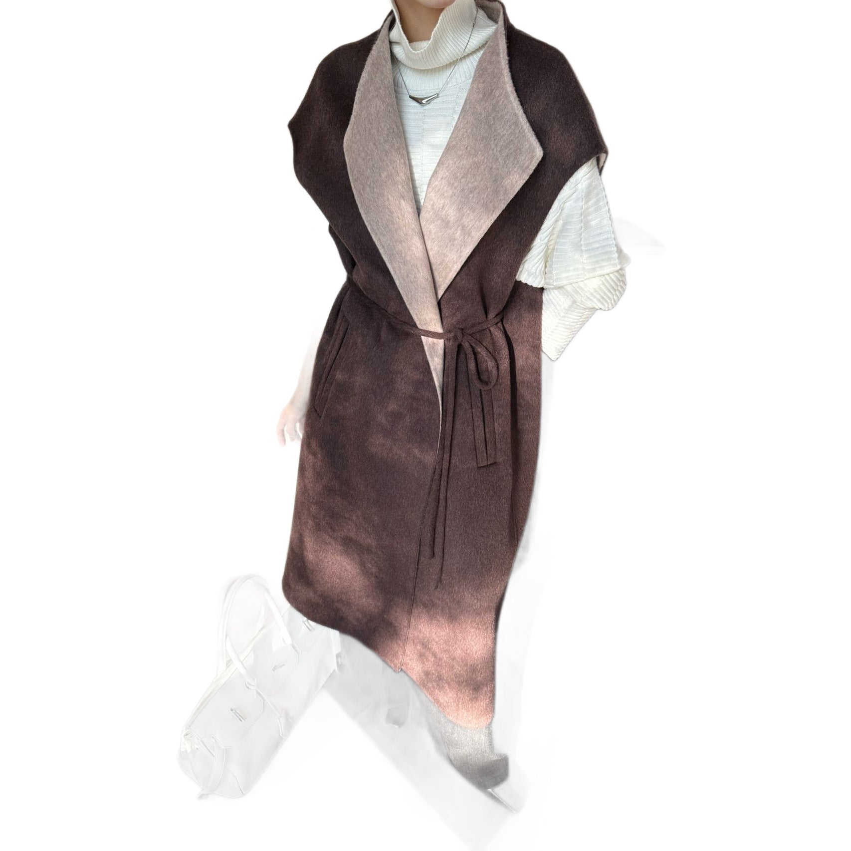 Women Maximal sleeveless wool coat with shawl collar and tie belt Chichicherry