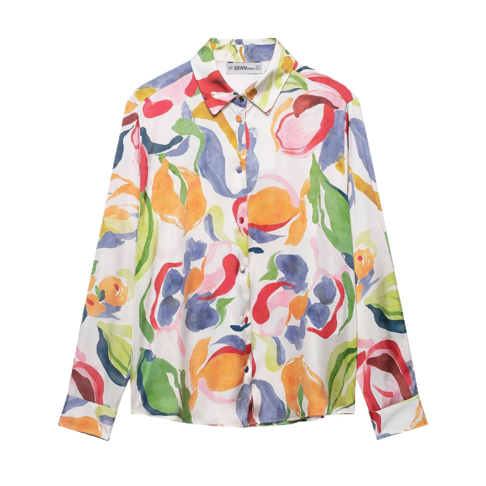 Women Silk-imitate Blouse with Watercolor Print and Shirt Collar Chichicherry