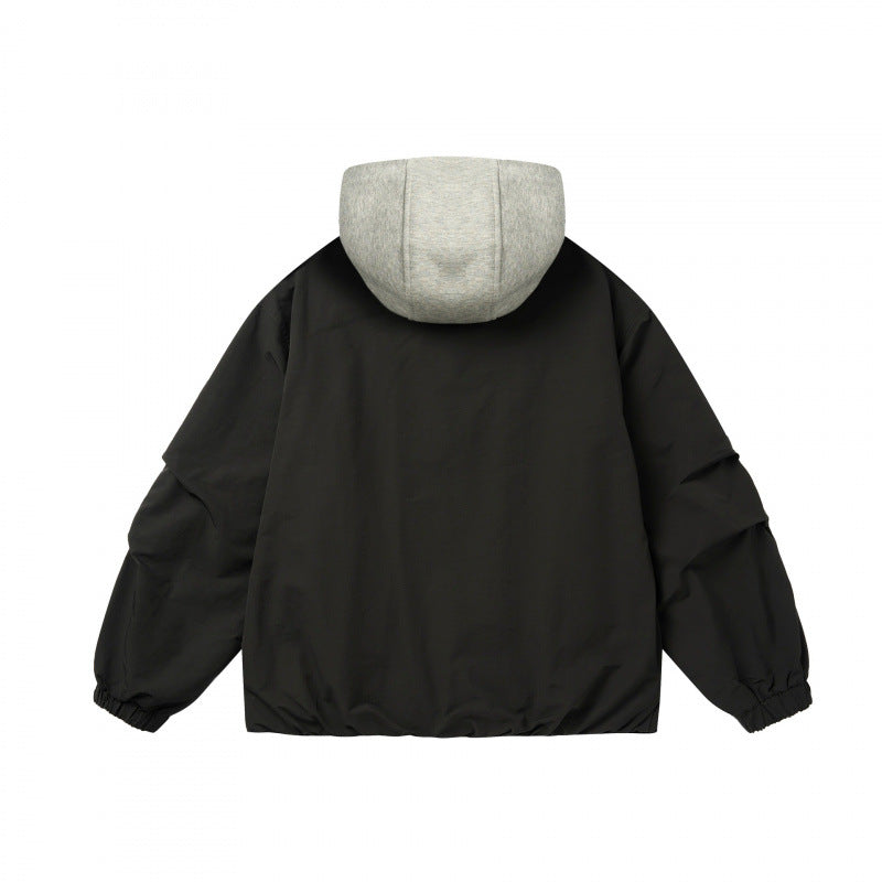 Unisex Oversized Hoodie Jacket in Layering Look with Contrasting Hood, Snap Button Placket, and Elastic Hem Chichicherry
