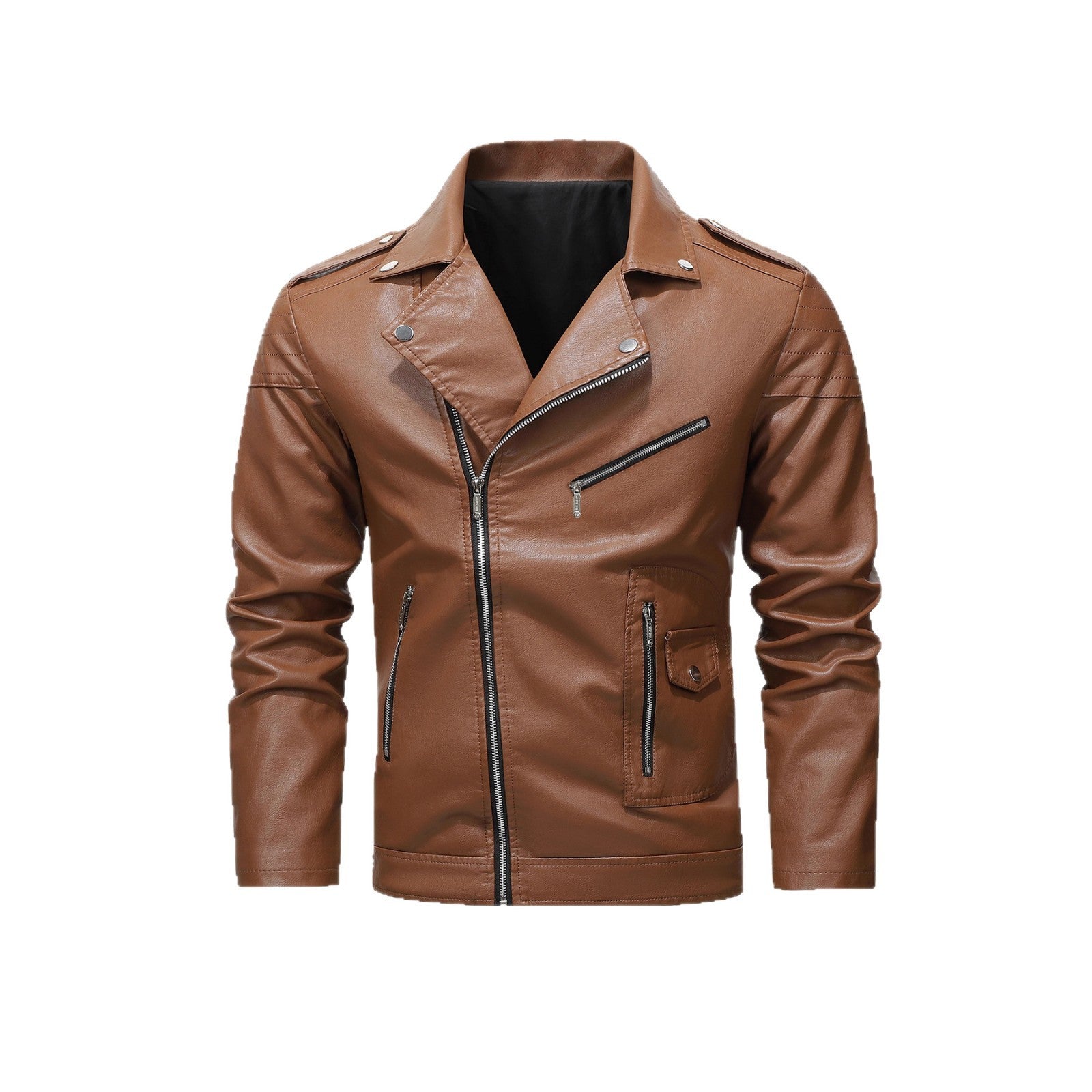 Men's biker jacket made of synthetic leather with asymmetrical zipper and quilted shoulder section Chichicherry