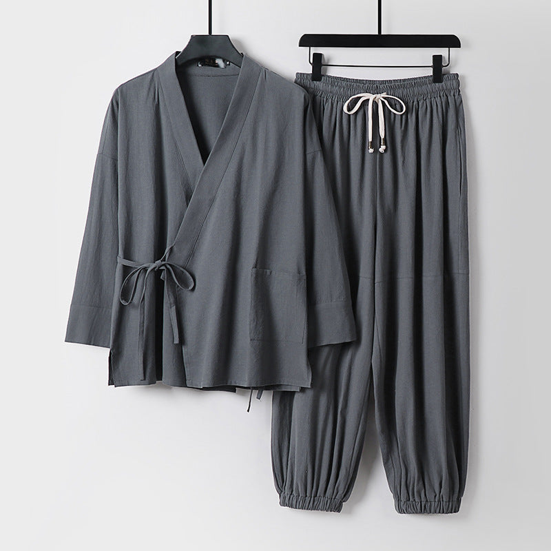 Unisex Relaxed Kimono Set with Wrap Jacket, Three-Quarter Sleeves and Elastic Cord Drawstring Pants Chichicherry