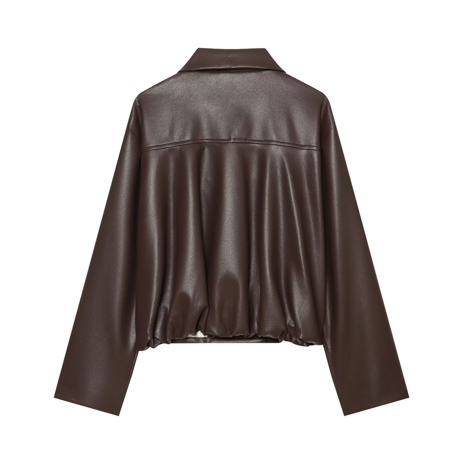 Women's Short Faux Leather Blouson with Double-Breasted Button Placket and Boxy Silhouette Chichicherry