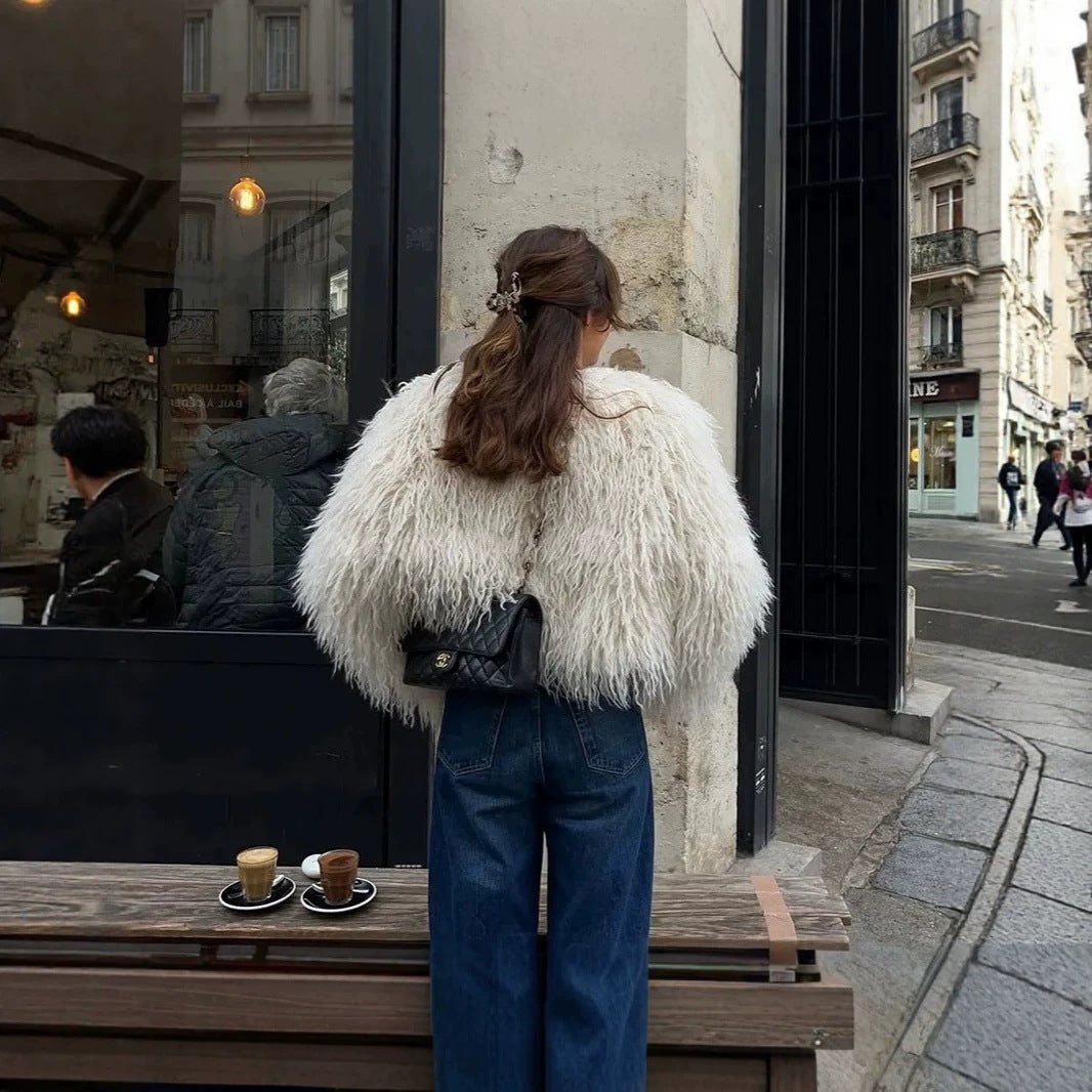 Ladies short bouclé faux fur jacket with voluminous long pile and boxy silhouette Chichicherry