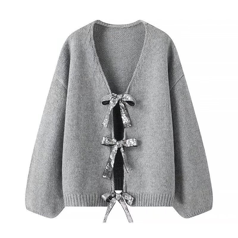 Women's Oversized Knit Cardigan with V-neck and Sequin Bows Chichicherry
