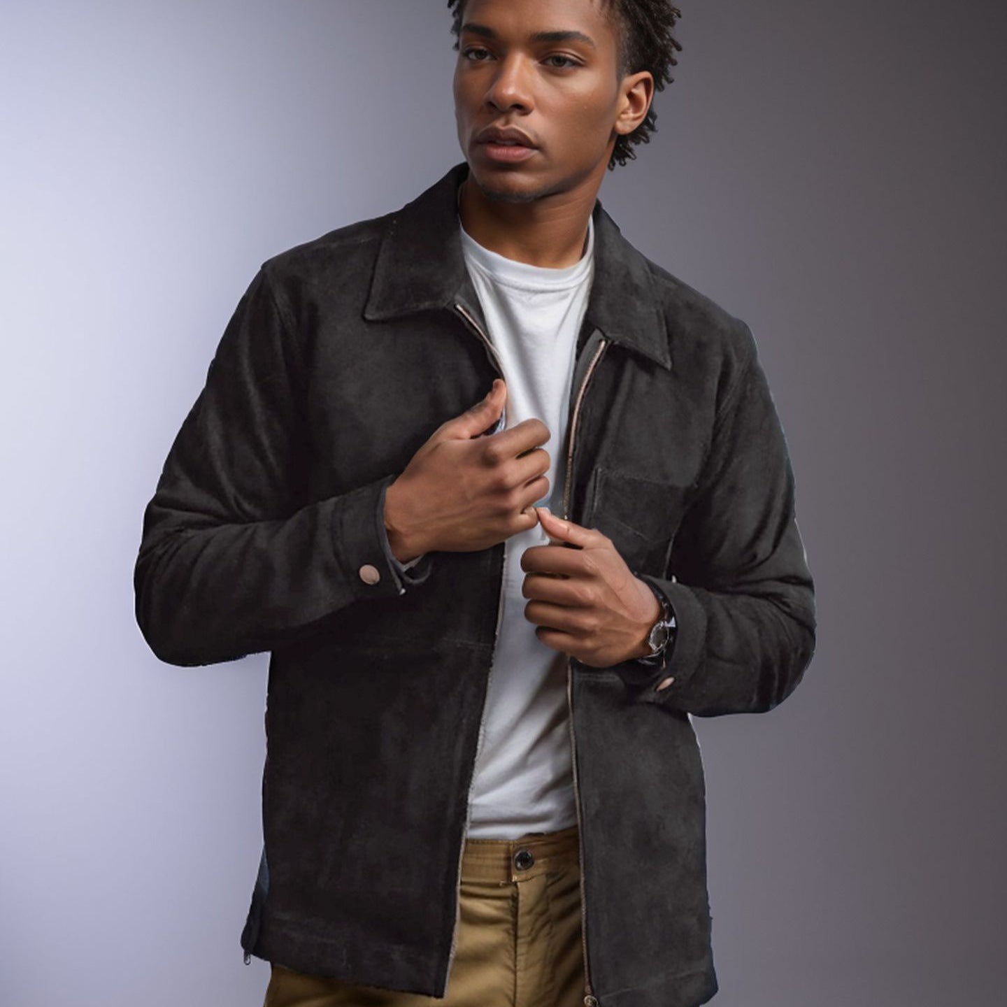 Men's suede leather jacket with stand-up collar and chest pocket Chichicherry