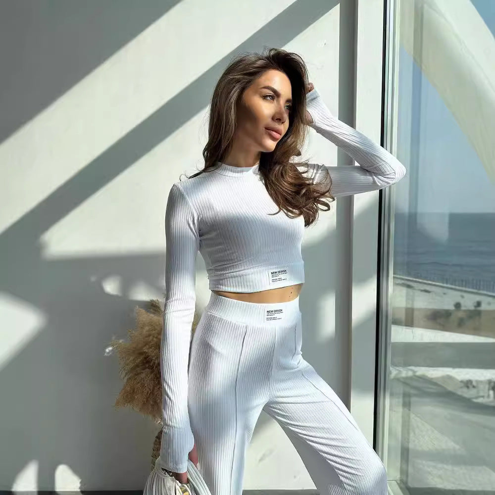 Damen Geripptes Zweiteiliges Loungewear-Set mit kurzem Langarmtop und High-Waist Weitbein-Hose Chichicherry