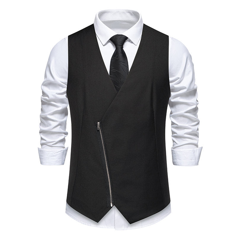 Men's Tailored Vest with Asymmetric Zipper and V-Neck Chichicherry