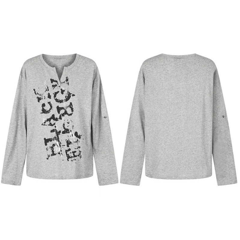 Women Long Sleeve Shirt with Notch Neckline and Vintage Print Chichicherry