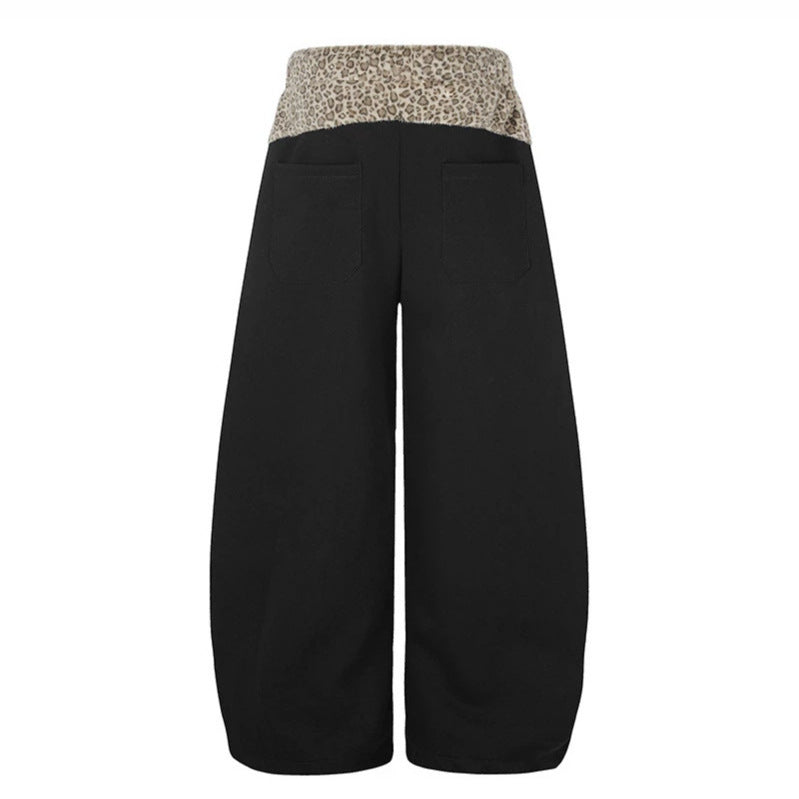 Women Extra Wide Palazzo Lounge Pants with High Comfort Waistband, Leopard Print Band and Decorative Star Number Appliqué Chichicherry