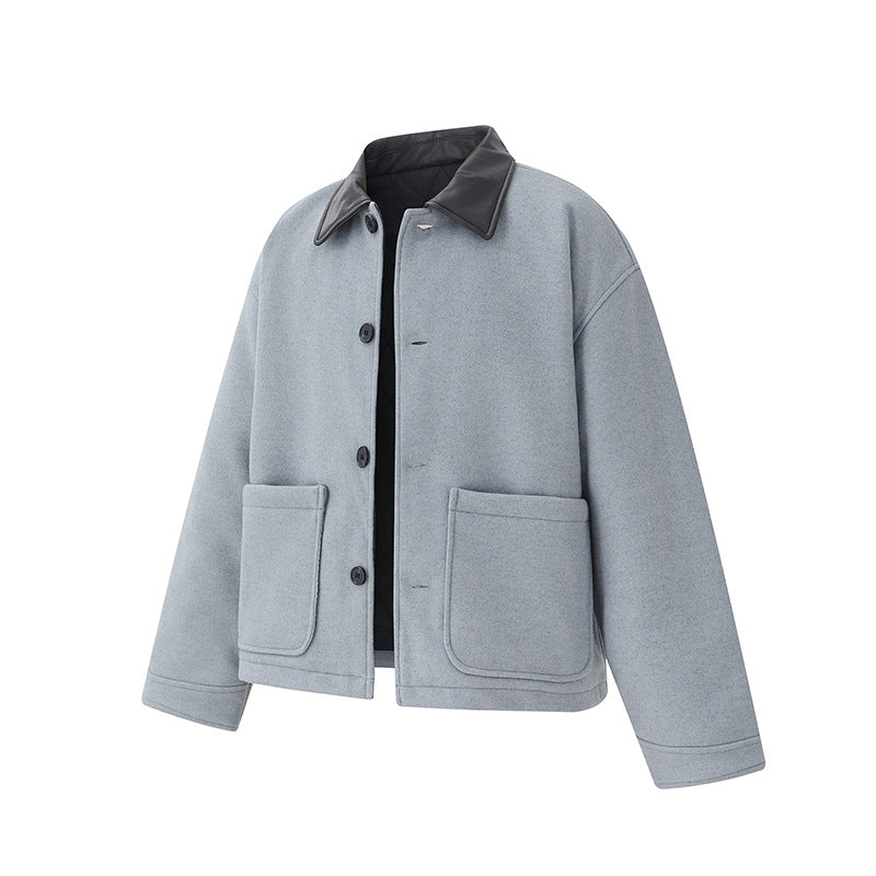 Unisex Short Blouson in minimalist Workwear look made of wool blend with leather look collar Chichicherry