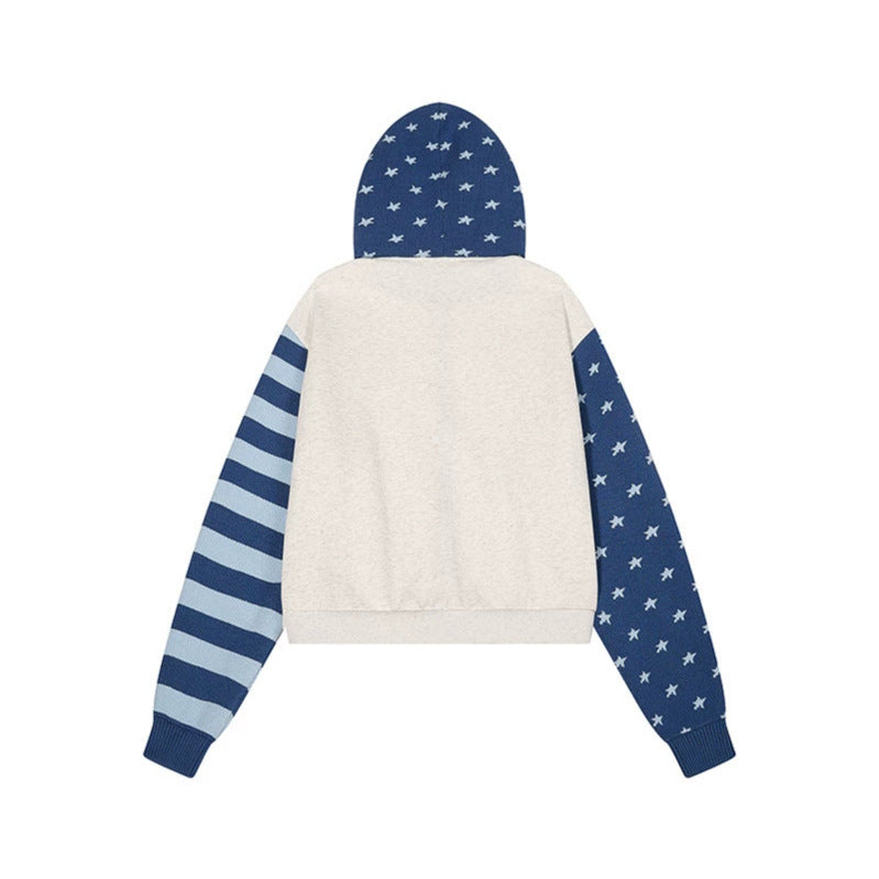 Women’s cropped hooded sweatshirt jacket with full zip, patterned sleeves and star motif Chichicherry