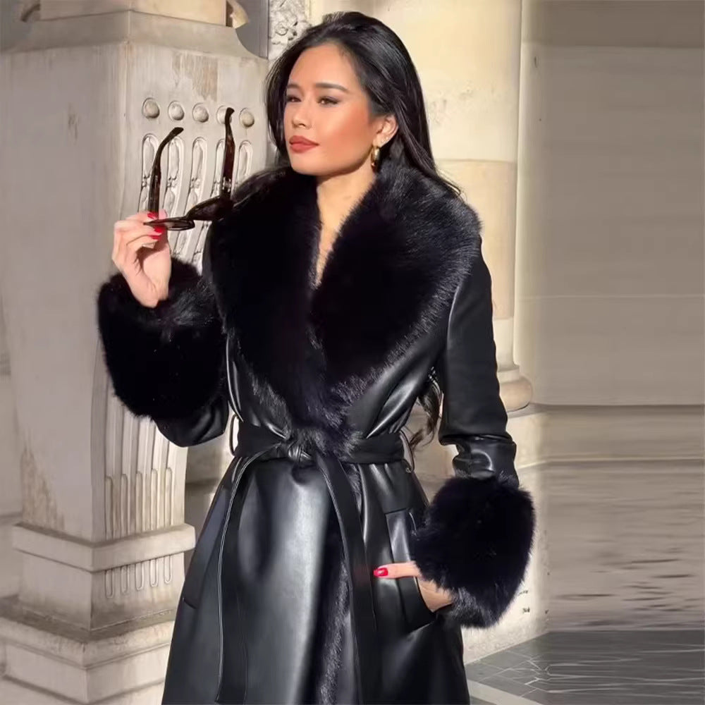 Ladies long faux leather coat with wide faux fur collar and cuffs Chichicherry