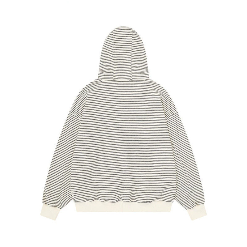 Unisex Striped Hooded Sweat Jacket with Zipper and Kangaroo Pockets Chichicherry