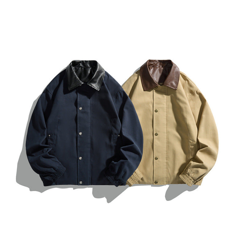 Men's short-cut blouson jacket with faux leather collar, snap button placket, and elastic cuffs Chichicherry