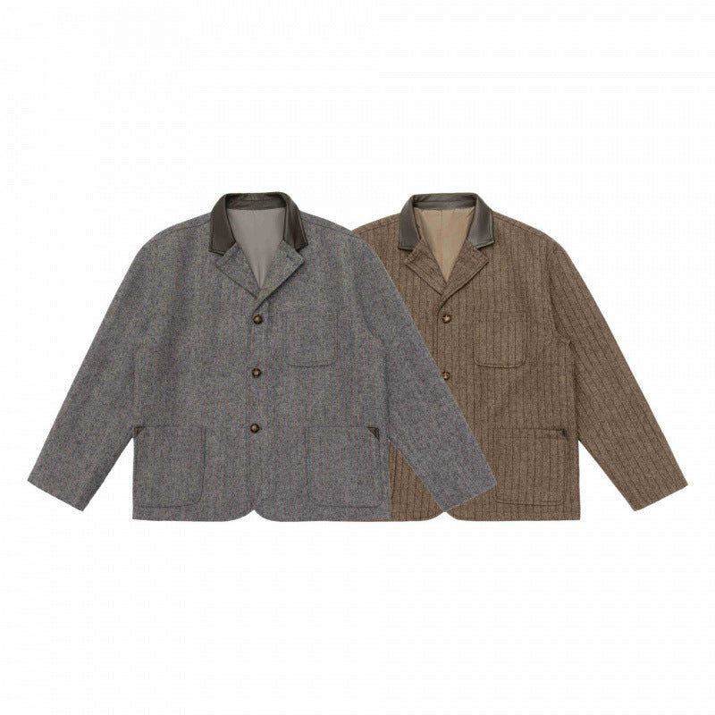 Men's wool blend worker blazer with contrasting leather collar and patch pockets Chichicherry
