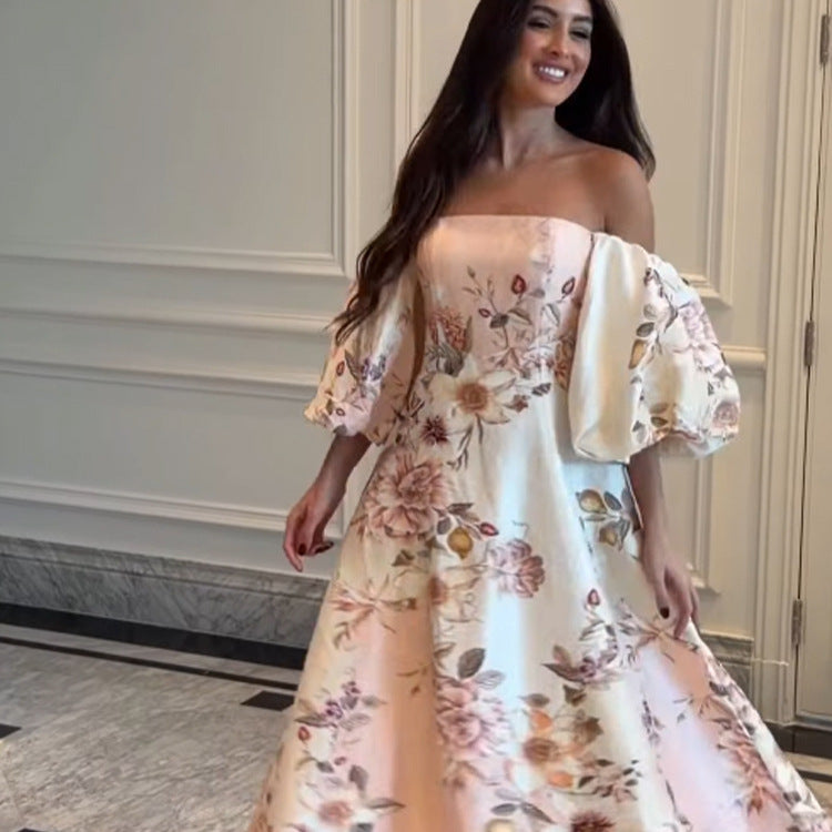 Women Elegant Off-Shoulder Evening Dress with Flared Skirt and Balloon Sleeves Chichicherry