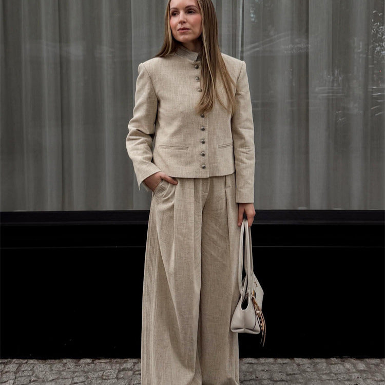 Women's stand collar jacket with metal buttons and wide pleated trousers Chichicherry
