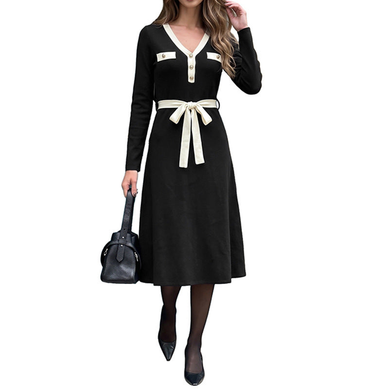 Women's Elegant A-Line Midi Dress with V-Neck, Decorative Button Placket, Contrast Piping & Tie Belt Chichicherry