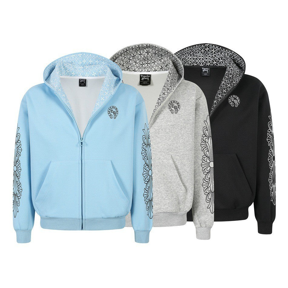 Unisex hooded sweatshirt in urban gothic print with ribbed hem Chichicherry