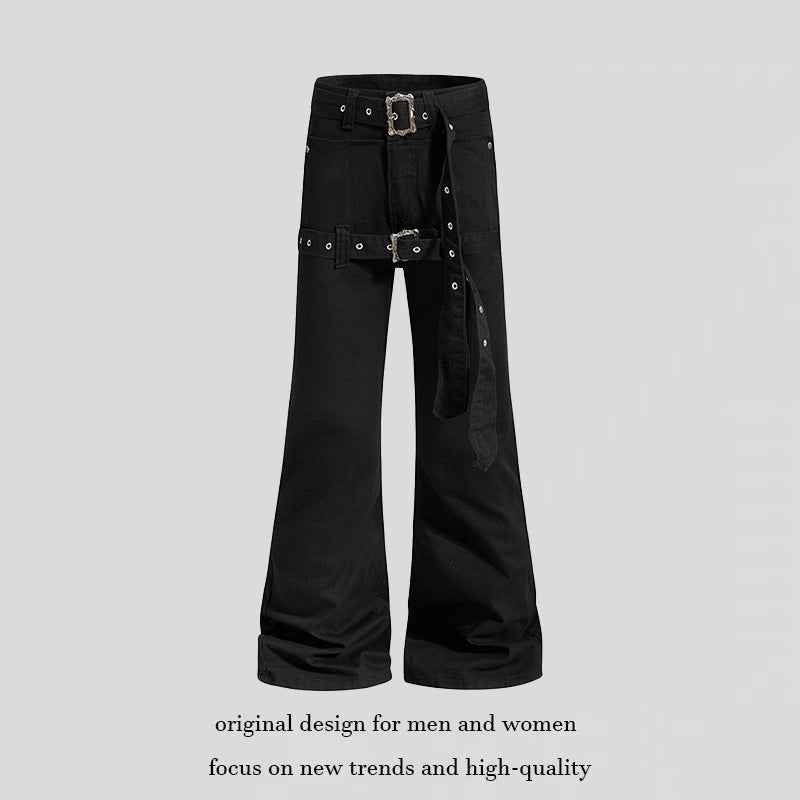 Women's High-Waist Flared Cargo Pants with Wide Leg, Double Belt and Metal Eyelets Chichicherry