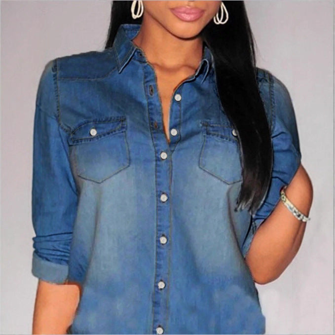 Women's tailored denim shirt blouse with chest pockets and pearl buttons Chichicherry