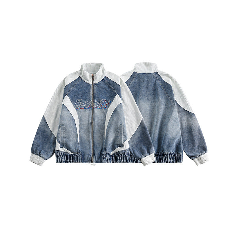 Unisex Boxy Jeans Jacket in Patchwork Look with Stand-Up Collar and Zipper Chichicherry