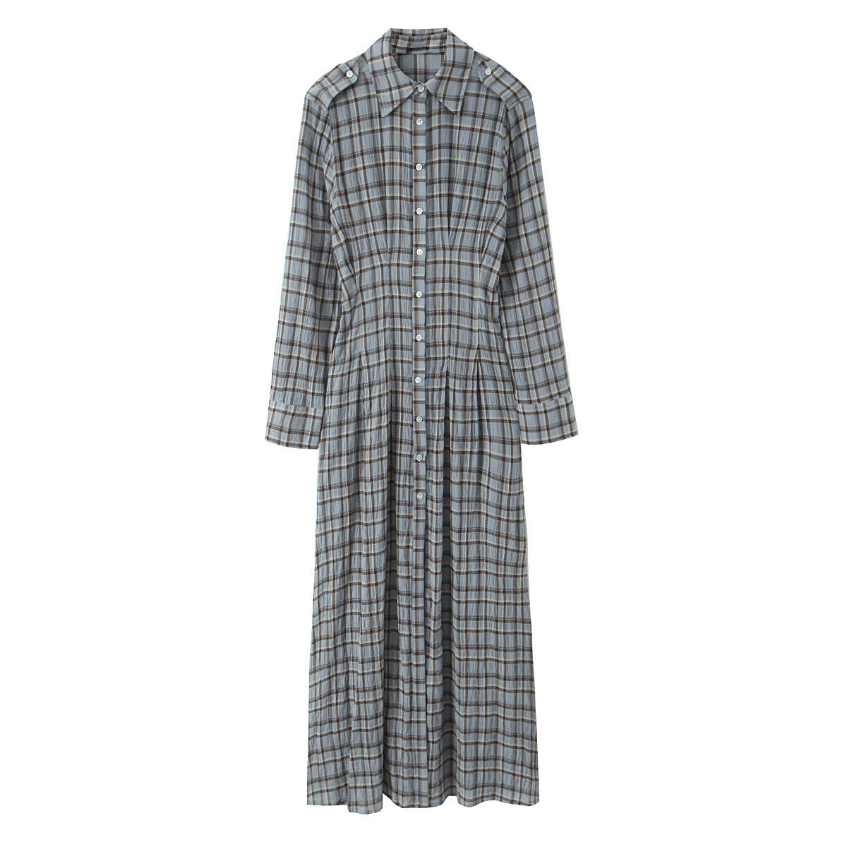 Ladies' maxi dress in shirt blouse style with continuous button placket and tailored pleated section Chichicherry