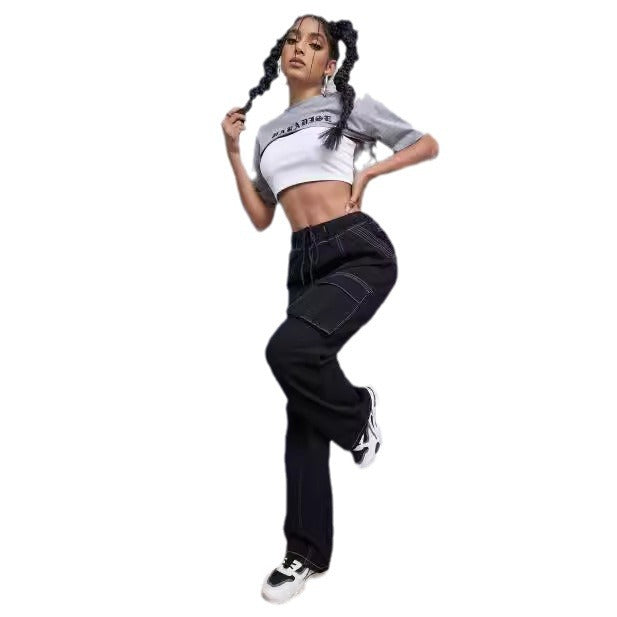 Women’s utilitarian denim cargo pants with contrast stitching and drawstring Chichicherry