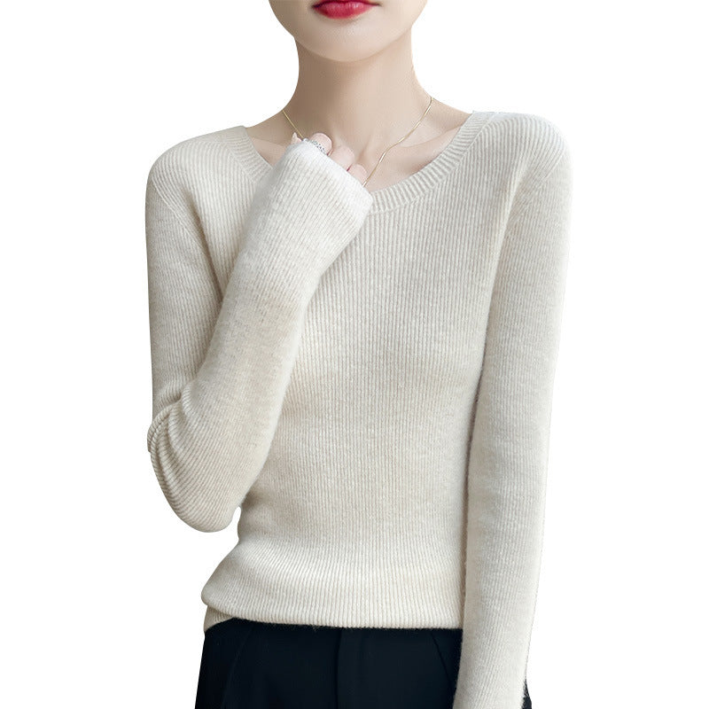 Women's Tailored Round Neck Sweater in Fine Ribbed Cashmere Look Chichicherry
