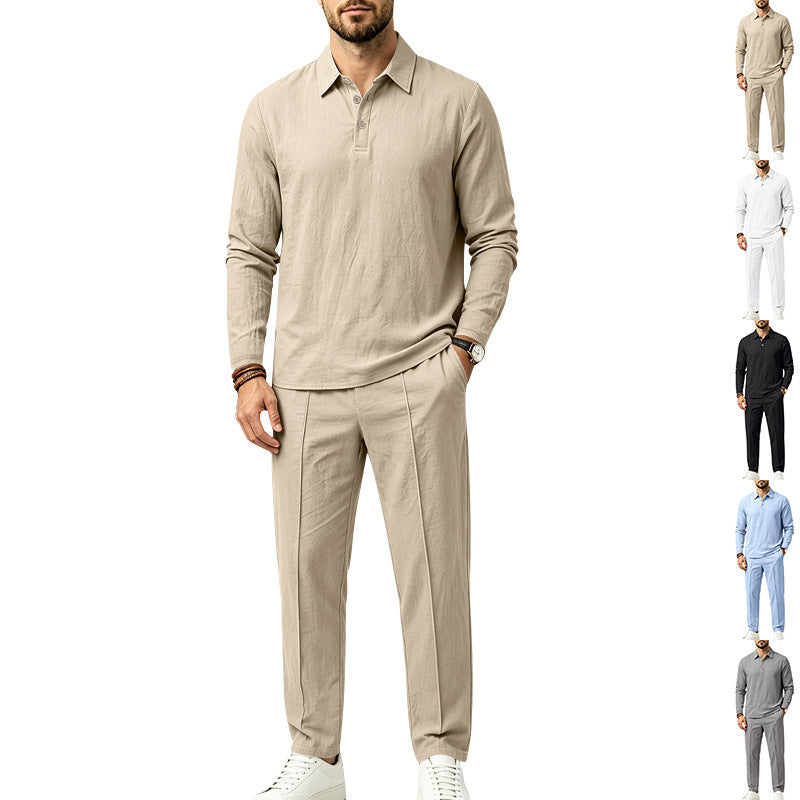 Men's Lightweight Linen Lounge Set with Henley Collar and Elastic Waist Pants Chichicherry