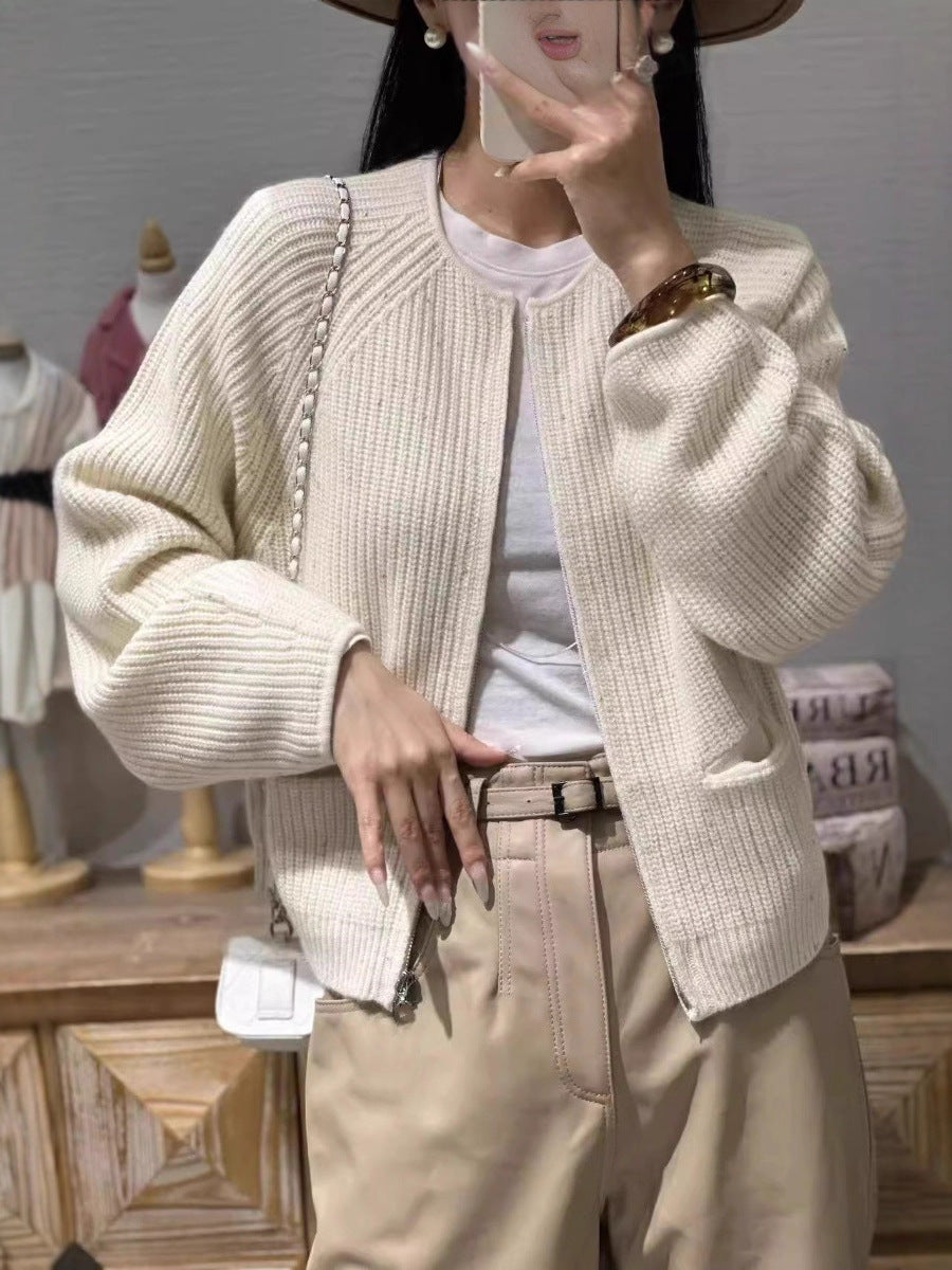 Women Short-Cut Boxy Cardigan with Ribbed Fine Knit Balloon Sleeves and Attached Pockets Chichicherry