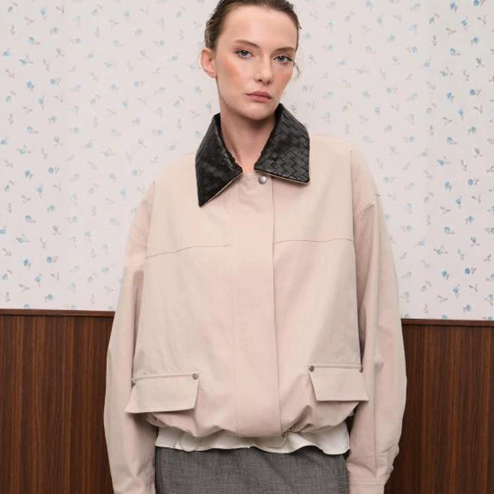 Women's oversized transitional jacket with braided collar and patch flap pockets Chichicherry