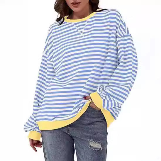Women Striped Oversized Sweater with Contrast Cuffs Chichicherry