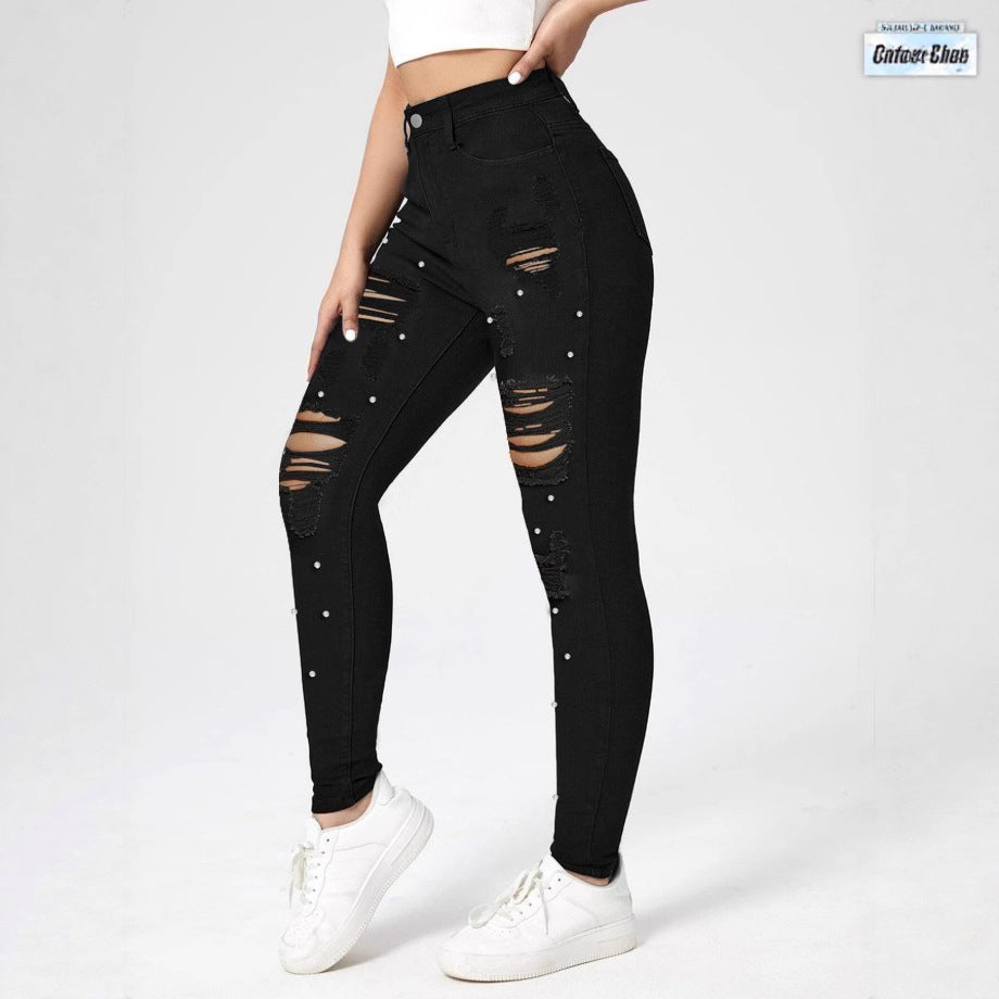 Women High-Waisted Ripped Skinny Jeans with Pearl Decoration and Sculpting Effect Chichicherry