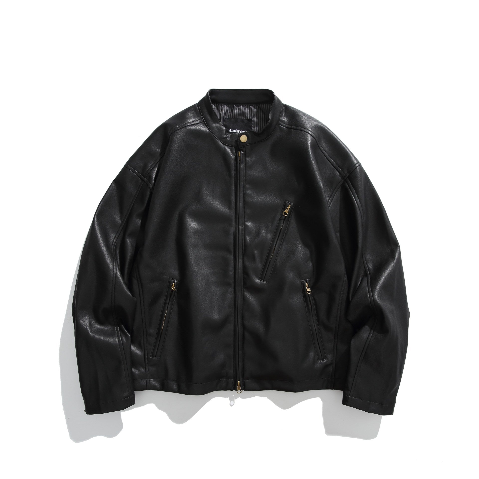 Men's leather-look bomber jacket with stand-up collar, angled zip pockets and minimalist seam design Chichicherry