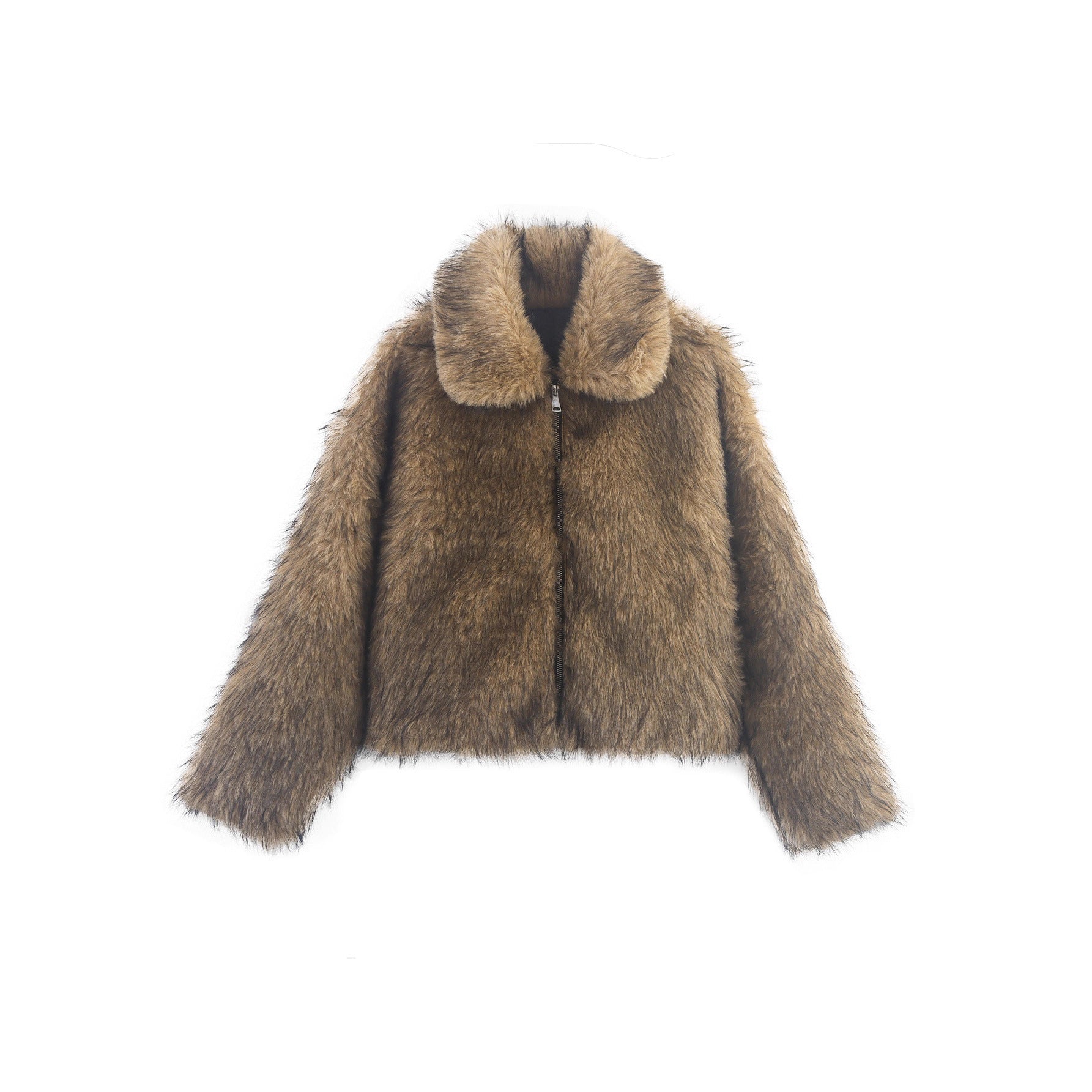 Women Short Faux Fur Bomber Jacket with Voluminous Fur Collar and Zipper Chichicherry