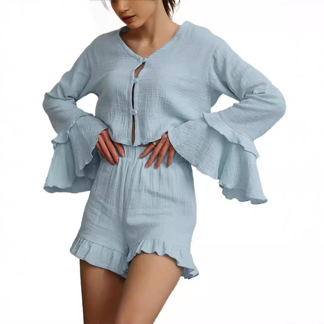 Women Two-Piece Crinkle Lounge Set with Ruffle Shorts and Tiered Trumpet Sleeves Chichicherry