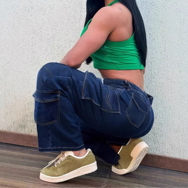 Women’s Utility Cargo Denim Pants with Low Rise, Panel Seams and Functional Pockets Chichicherry
