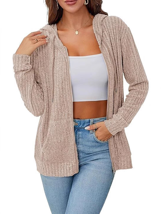 Women’s knitted hooded jacket with zipper, textured knit, and kangaroo pockets Chichicherry
