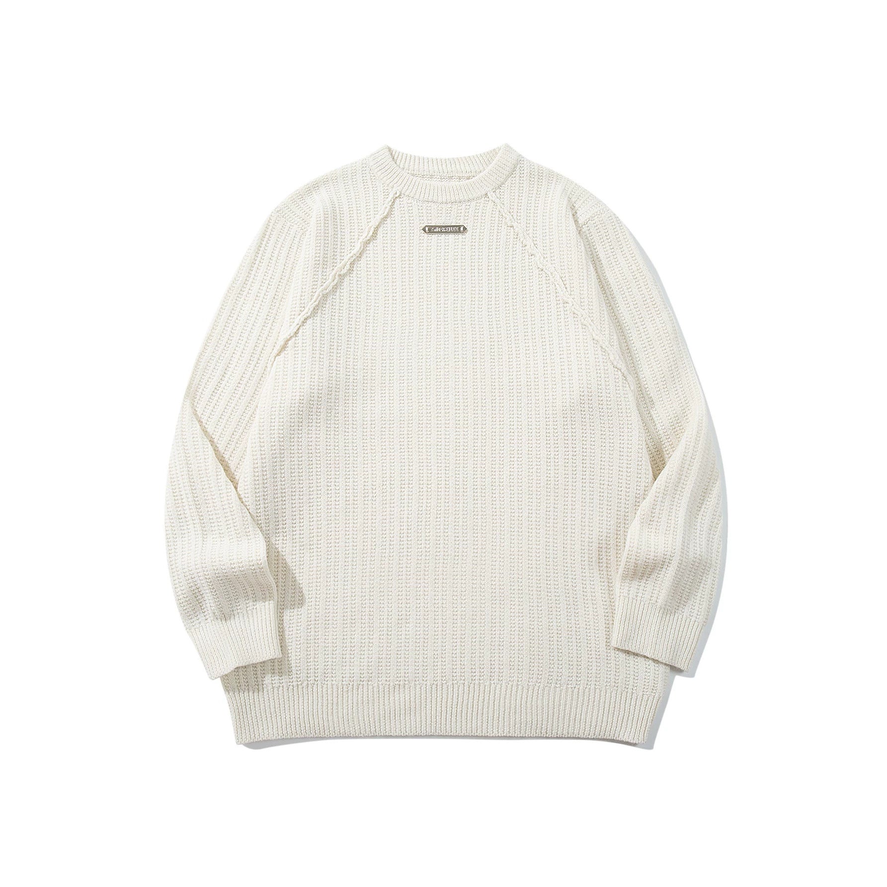Unisex Structured Waffle Knit Crew Neck Sweater with Raglan Sleeves and Metal Logo Chichicherry